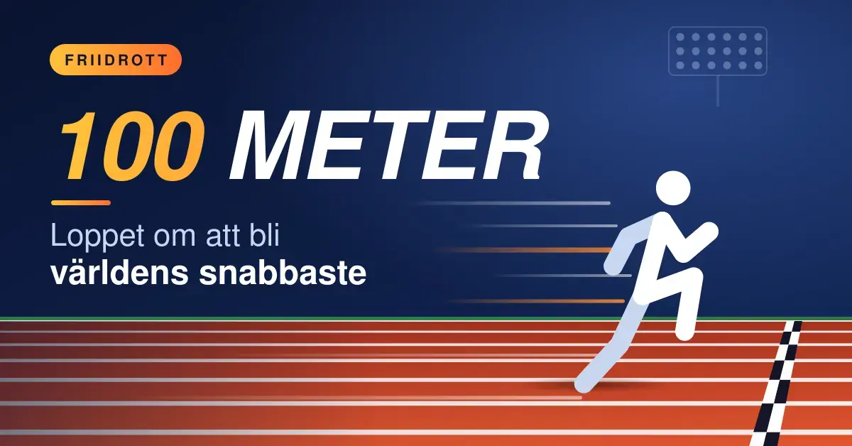 Grafisk illustration av en stiliserad sprinter som springer mot målgången på en röd löparbana, med texten "100 meter – loppet om att bli världens snabbaste".