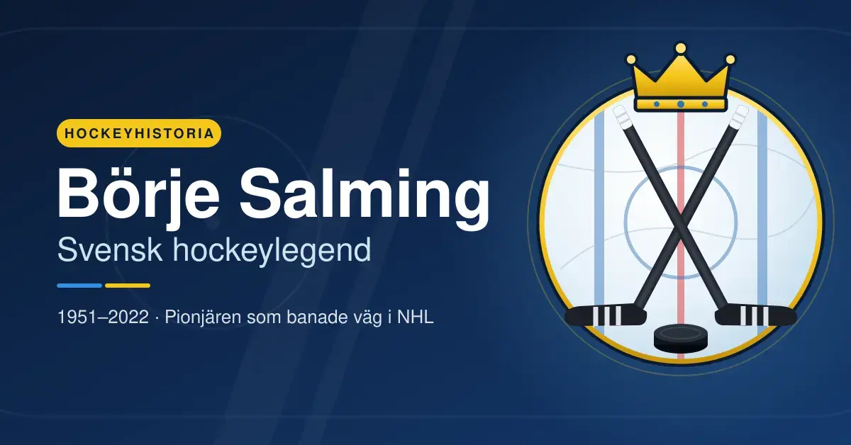 Grafisk illustration i blått och guld med texten ”Börje Salming – Svensk hockeylegend” bredvid ett runt isemblem med två korsade hockeyklubbor, en puck och en guldkrona.