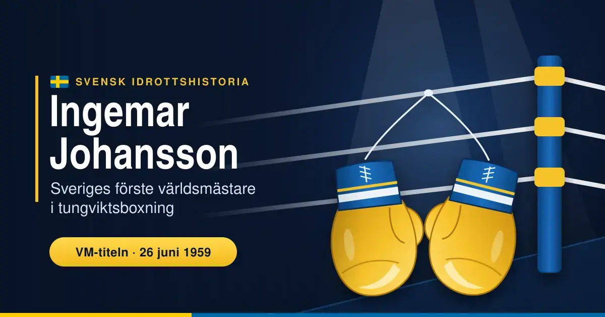 Grafisk illustration med ett par guldfärgade boxningshandskar som hänger i repen i en boxningsring, bredvid texten ”Ingemar Johansson – Sveriges förste världsmästare i tungviktsboxning” och VM-titeln den 26 juni 1959.