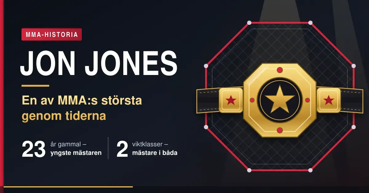 Grafik med texten "Jon Jones – en av MMA:s största genom tiderna" bredvid ett guldfärgat mästarbälte i en åttakantig MMA-bur mot mörk bakgrund.