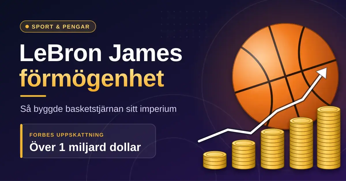 Grafisk illustration med en basketboll, stigande staplar av guldmynt och en uppåtgående pil bredvid texten ”LeBron James förmögenhet – Så byggde basketstjärnan sitt imperium” och Forbes uppskattning på över 1 miljard dollar.