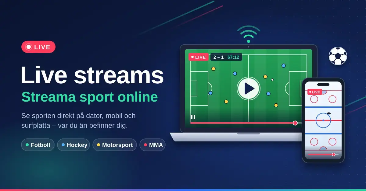Illustration av en bärbar dator som visar en fotbollsmatch i direktsändning och en mobil med en ishockeyrink, bredvid texten "Live streams – Streama sport online".