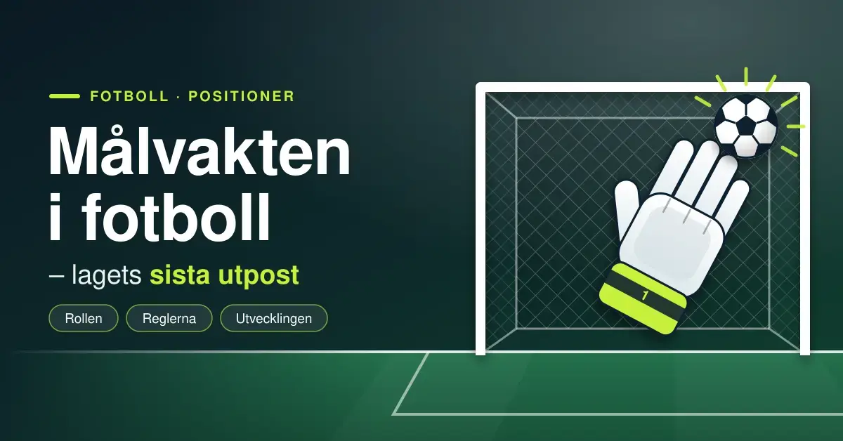 Illustration av en målvaktshandske som räddar en fotboll i krysset framför ett fotbollsmål med nät, bredvid rubriken ”Målvakten i fotboll – lagets sista utpost”.