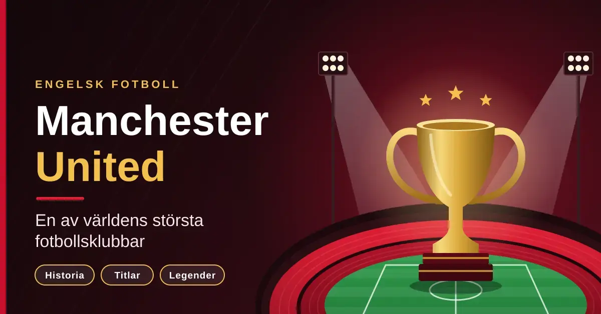 Grafisk illustration i rött och guld med texten "Manchester United – En av världens största fotbollsklubbar" bredvid en guldpokal på en upplyst fotbollsarena.