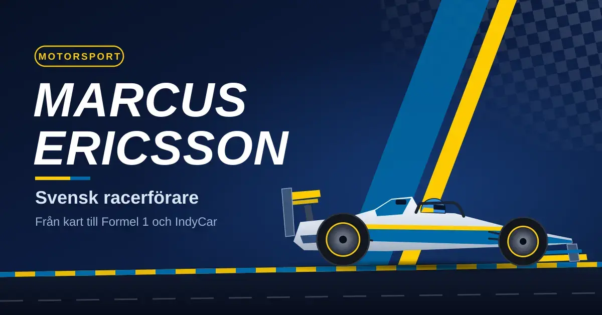 Grafisk illustration av en generisk formelbil i blått, gult och vitt på en racerbana mot mörkblå bakgrund med rutig flagga, med texten "Marcus Ericsson – Svensk racerförare".