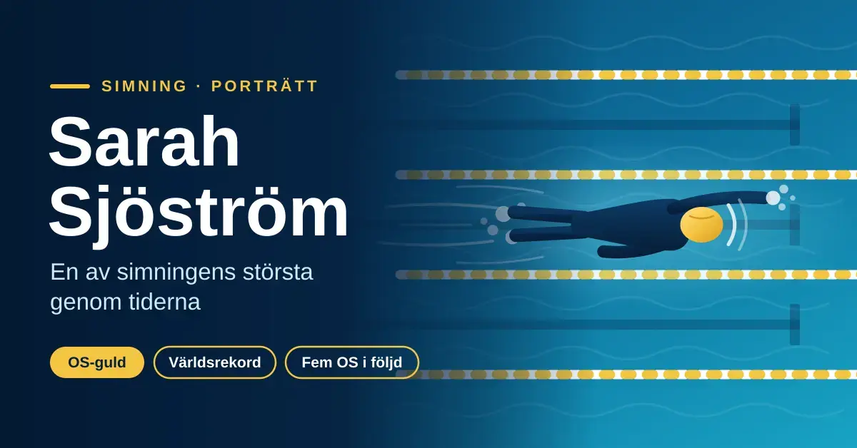 Grafisk illustration av en stiliserad simmare med gul badmössa i en blå simbassäng med banlinor, bredvid texten "Sarah Sjöström – en av simningens största genom tiderna" och meriterna OS-guld, världsrekord och fem OS i följd.