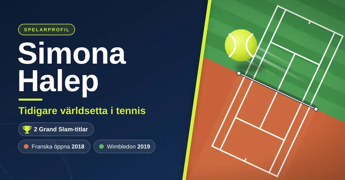 Grafik med texten ”Simona Halep – tidigare världsetta i tennis” och hennes två Grand Slam-titlar från Franska öppna 2018 och Wimbledon 2019, bredvid en tennisboll ovanför en bana som är till hälften grus och till hälften gräs.