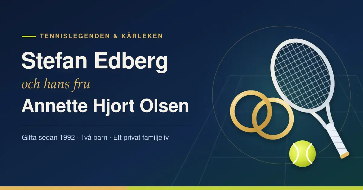 Grafisk illustration med texten ”Stefan Edberg och hans fru Annette Hjort Olsen” bredvid två sammanflätade vigselringar, ett tennisracket och en tennisboll mot en mörkblå bakgrund med en tennisbana.