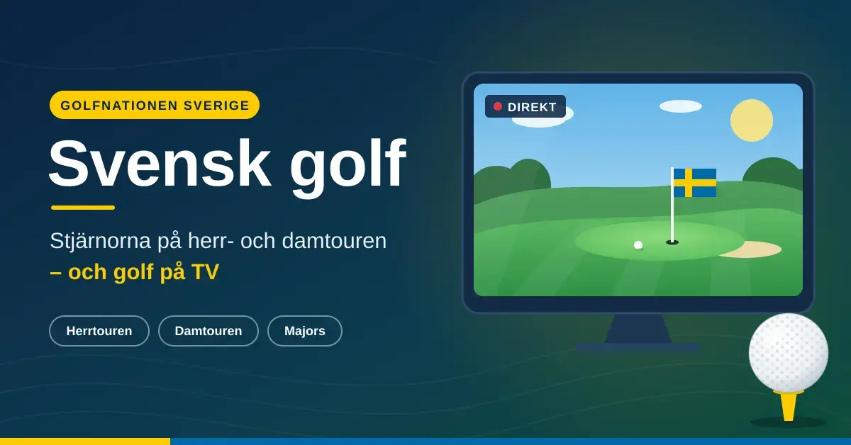Grafik i blått och gult med texten ”Svensk golf – Stjärnorna på herr- och damtouren – och golf på TV” bredvid en TV-skärm som visar en golfgreen med en flagga i svenska färger, samt en golfboll på en gul peg.