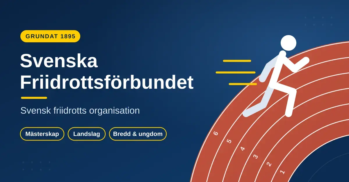 Grafisk illustration med texten ”Svenska Friidrottsförbundet – Svensk friidrotts organisation”, en stiliserad löpare på en röd löparbana mot mörkblå bakgrund samt etiketterna Grundat 1895, Mästerskap, Landslag och Bredd & ungdom.