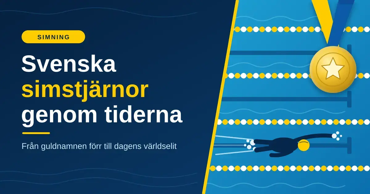 Grafisk illustration med texten "Svenska simstjärnor genom tiderna" bredvid en simbassäng sedd ovanifrån, där en stiliserad simmare med gul mössa crawlar mellan banlinor och en guldmedalj med blågult band hänger i hörnet.