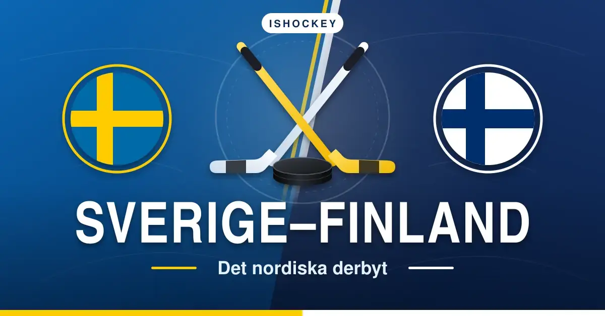 Grafik med Sveriges och Finlands flaggor på var sida om två korslagda hockeyklubbor och en puck, med rubriken ”Sverige–Finland – Det nordiska derbyt”.