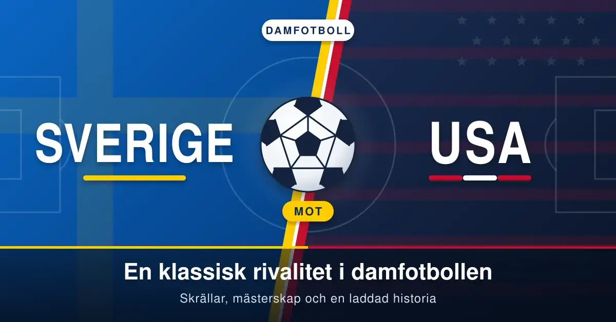 Grafik med texten "Sverige mot USA" där en fotboll står mellan en blågul svensk sida och en marinblå, röd och vit amerikansk sida, med rubriken "En klassisk rivalitet i damfotbollen".