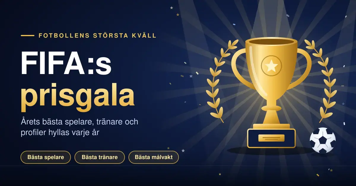 Grafik med texten ”FIFA:s prisgala” bredvid en guldpokal omgiven av lagerkrans, strålkastarljus och en fotboll mot mörkblå bakgrund.