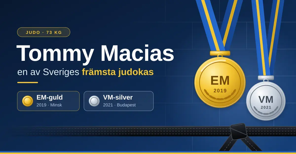 Grafik med texten "Tommy Macias – en av Sveriges främsta judokas" bredvid en guldmedalj märkt EM 2019 och en silvermedalj märkt VM 2021 i blågula band ovanför ett svart judobälte på mörkblå bakgrund.