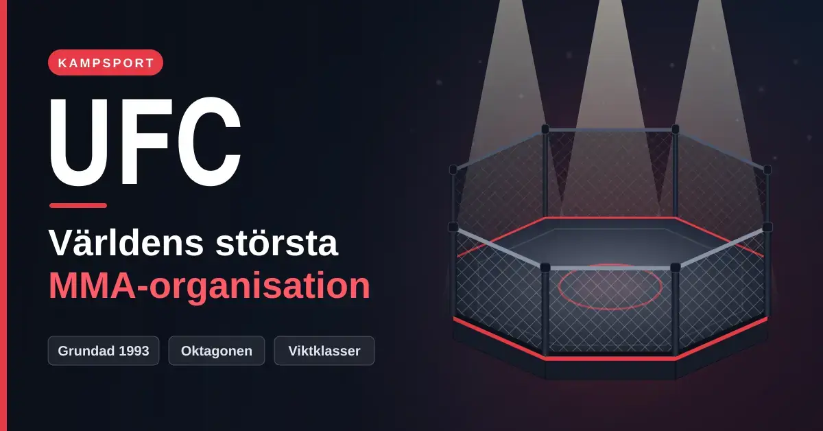 Illustration av en upplyst oktagon – den åttakantiga buren där UFC-matcher avgörs – bredvid texten "UFC – Världens största MMA-organisation".