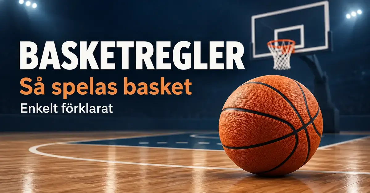 En orange basketboll på en basketplan med en korg i bakgrunden och texten ”Basketregler – Så spelas basket – Enkelt förklarat”.