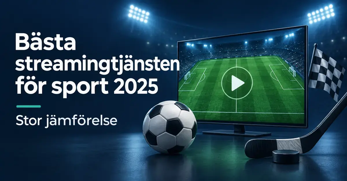 Grafik med rubriken ”Bästa streamingtjänsten för sport 2025”, en tv med fotbollsplan och uppspelningssymbol samt en fotboll, hockeyklubba, puck och rutig motorsportflagga.