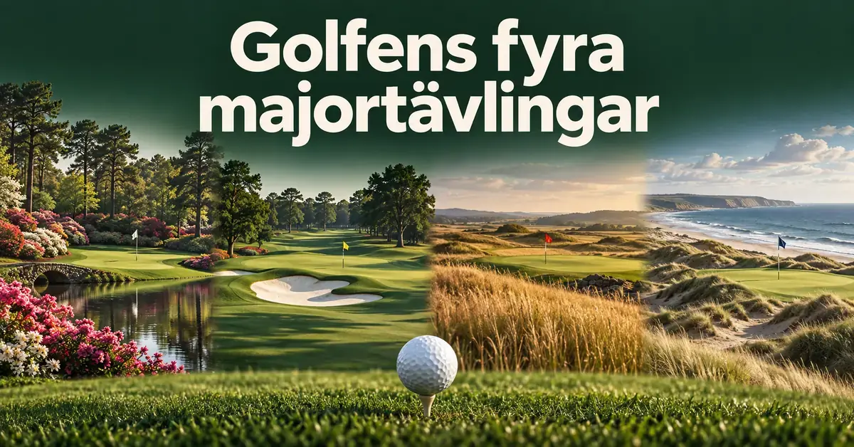 Illustration av fyra golfbanemiljöer med flaggor och en golfboll på peg under rubriken ”Golfens fyra majortävlingar”.