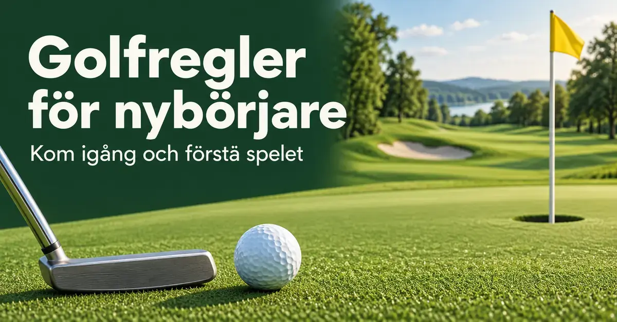 En golfboll och en putter på en green med gul flagga, intill texten ”Golfregler för nybörjare – Kom igång och förstå spelet”.