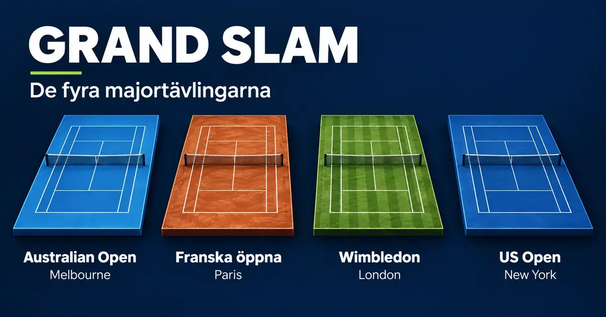 Illustration av de fyra Grand Slam-turneringarna med blå hardcourt i Melbourne och New York, rött grus i Paris och grönt gräs i London.