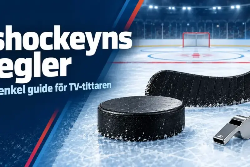 Hockeypuck, klubba och domarvisselpipa på en isrink med texten ”Ishockeyns regler – En enkel guide för TV-tittaren”.