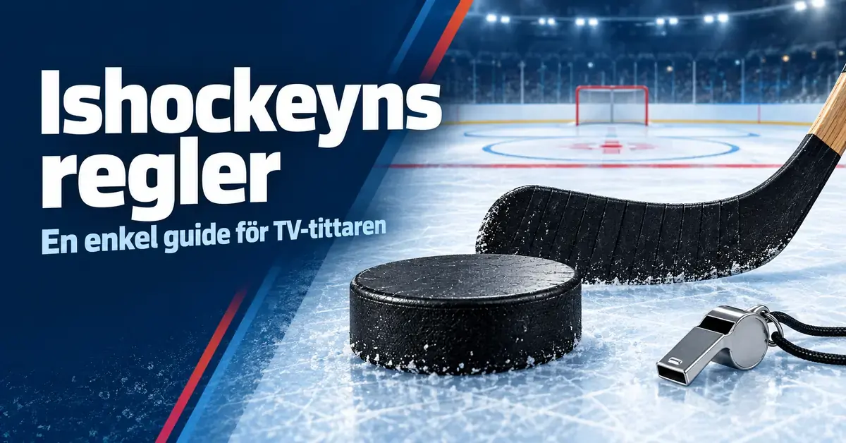 Hockeypuck, klubba och domarvisselpipa på en isrink med texten ”Ishockeyns regler – En enkel guide för TV-tittaren”.