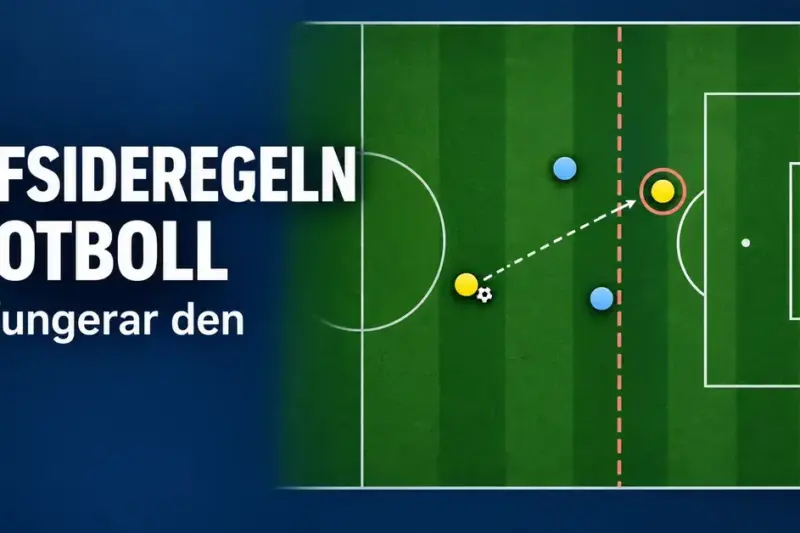 Illustration av offsideregeln i fotboll med en gul anfallare i offsideposition, en streckad offsidelinje och en passningspil på en grön fotbollsplan.