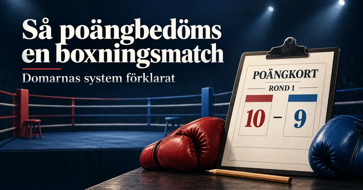 Illustration av röda och blå boxningshandskar bredvid ett poängkort som visar 10–9 i rond ett, med en boxningsring i bakgrunden.