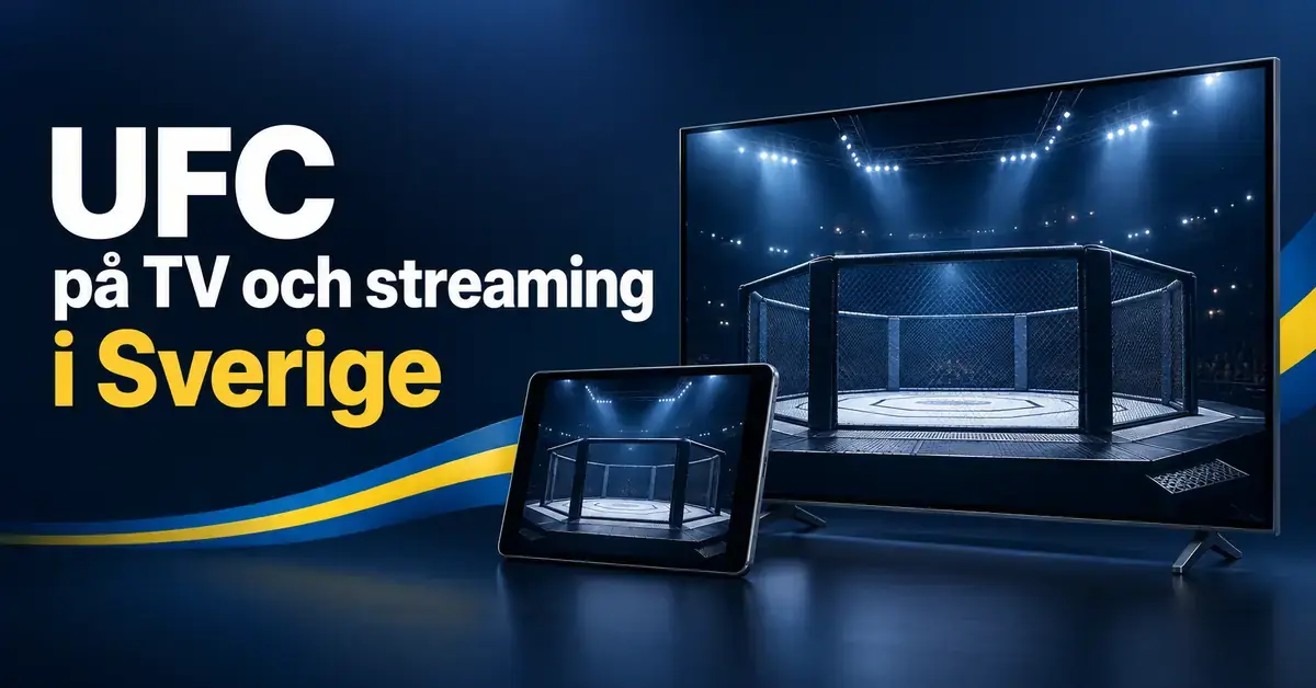 En tv och en surfplatta visar en upplyst MMA-bur bredvid texten ”UFC på TV och streaming i Sverige” mot en mörkblå bakgrund med blågula detaljer.