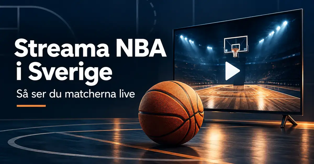 En basketboll framför en tv med basketplan och uppspelningssymbol, intill texten ”Streama NBA i Sverige – Så ser du matcherna live”.