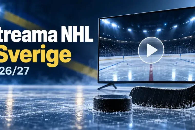 Grafik med texten ”Streama NHL i Sverige 2026/27”, en tv som visar en ishockeyrink med uppspelningssymbol samt en hockeyklubba och puck på isen.