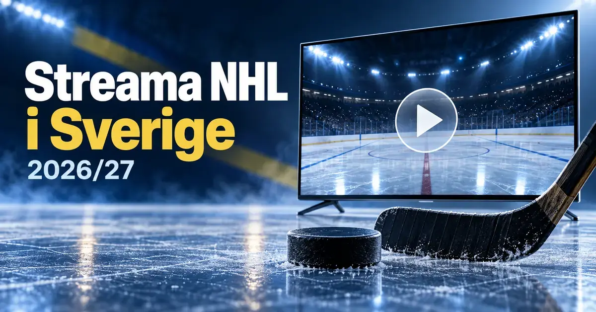 Grafik med texten ”Streama NHL i Sverige 2026/27”, en tv som visar en ishockeyrink med uppspelningssymbol samt en hockeyklubba och puck på isen.