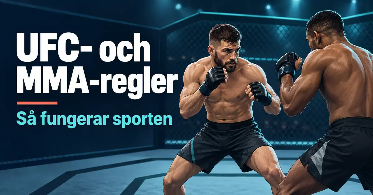 Två illustrerade MMA-utövare i gard framför en bur med rubriken ”UFC- och MMA-regler – Så fungerar sporten”.