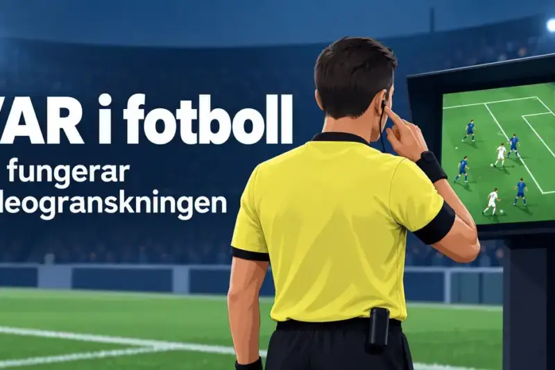 Illustration av en fotbollsdomare som lyssnar i sin öronsnäcka bredvid en VAR-skärm, med texten ”VAR i fotboll – Så fungerar videogranskningen”.
