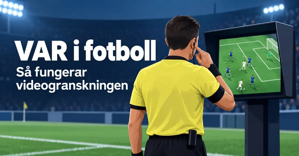 Illustration av en fotbollsdomare som lyssnar i sin öronsnäcka bredvid en VAR-skärm, med texten ”VAR i fotboll – Så fungerar videogranskningen”.
