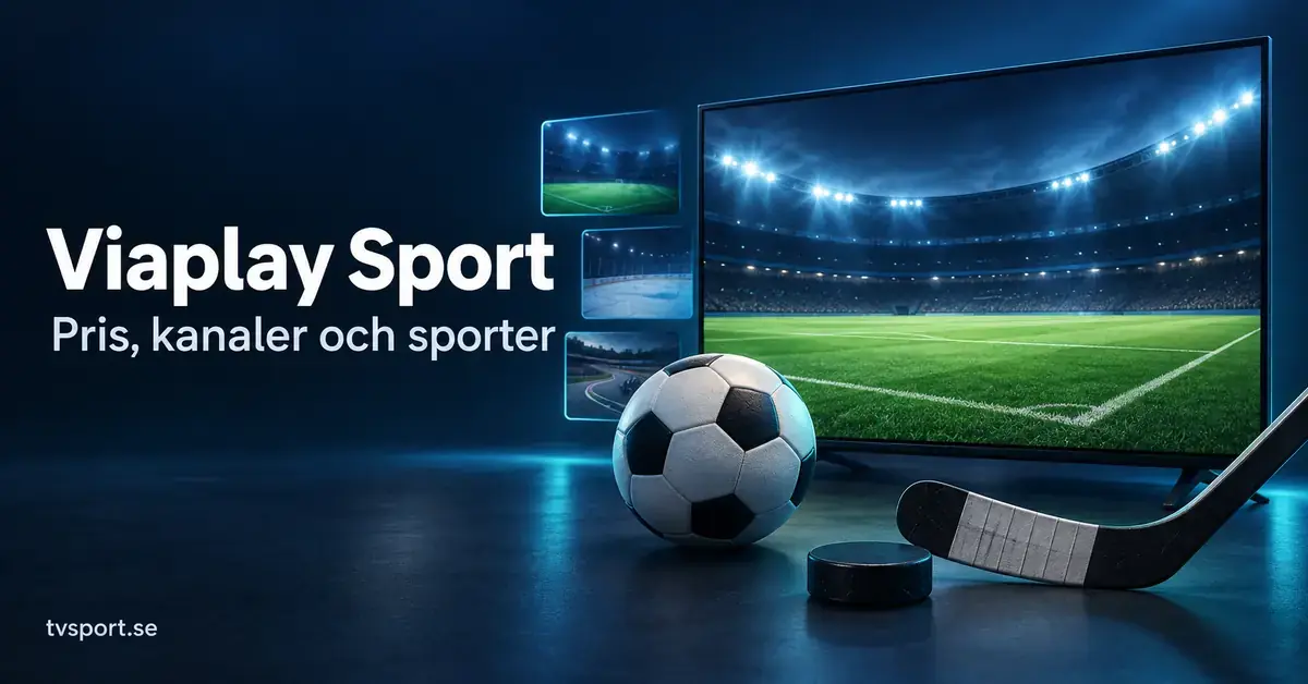 Grafik med texten ”Viaplay Sport – Pris, kanaler och sporter”, en tv med fotbollsplan samt en fotboll, hockeyklubba och puck mot mörkblå bakgrund.