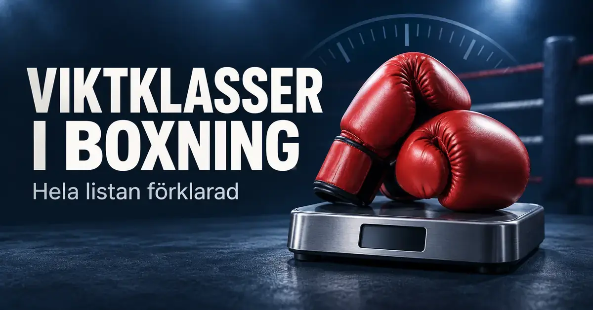 Röda boxningshandskar på en våg framför en boxningsring med texten ”Viktklasser i boxning – hela listan förklarad”.