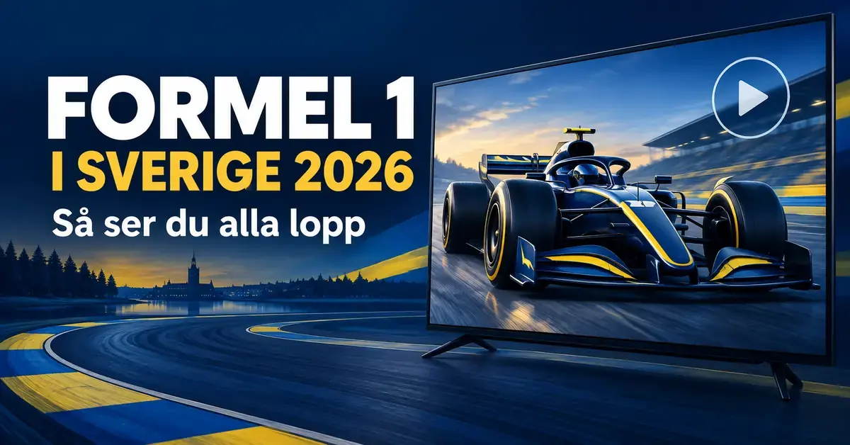 Blågul grafik med en formelbil på en tv-skärm och texten ”Formel 1 i Sverige 2026 – Så ser du alla lopp”.