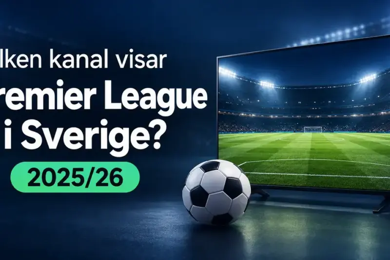 En fotboll framför en tv med en upplyst fotbollsplan och texten ”Vilken kanal visar Premier League i Sverige? 2025/26”.