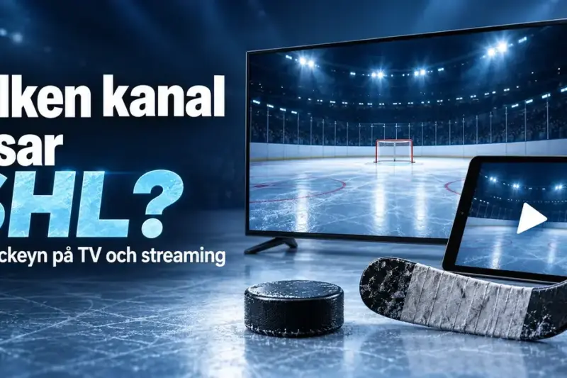 Grafik med texten ”Vilken kanal visar SHL?”, en tv och en surfplatta som visar en hockeyrink samt en hockeyklubba och puck på isen.