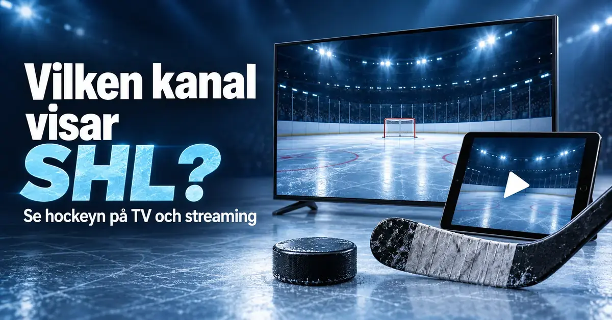 Grafik med texten ”Vilken kanal visar SHL?”, en tv och en surfplatta som visar en hockeyrink samt en hockeyklubba och puck på isen.